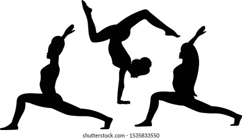 Vector black silhouettes of isolated women. Two females are standing in yoga warrior pose Virabhadrasana Asana, one girl hand standing in scorpion Asana Bhuja Vrischikasana. Concept of sport, health