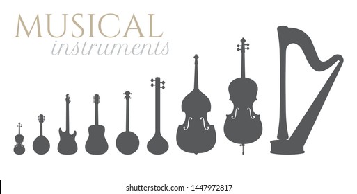 Vector black silhouettes of musical instruments: violin, mandolin, guitar, banjo, sitar, double bass, cello, harp. Isolated on white background.