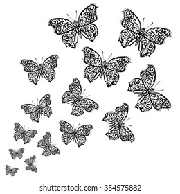 Vector black silhouettes of ornamental flying butterflies isolated on white background. Handdrawn illustration.