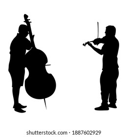 Vector black silhouettes people. Two adult men play musical instruments. The violinist is holding the violin, the guy is playing cello, side view people. Street musicians isolated on white background