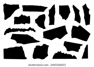 Vector black silhouettes of pieces of ripped paper scrap. Torn sheets of paper and newspaper clippings