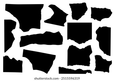 Vector negro siluetas de pedazos de trozos de papel rasgado. Hojas rotas de papel y recortes de periódicos