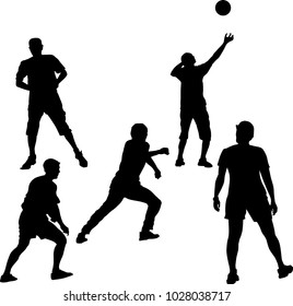 Vector black silhouettes pose athletes lovers playing in group sports games, volleyball, basketball for a healthy lifestyle.