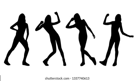 Vector black silhouettes of posing women with long legs isolated on white background.