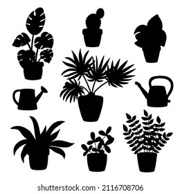 Vector black silhouettes of potted houseplants and watering cans on a white background