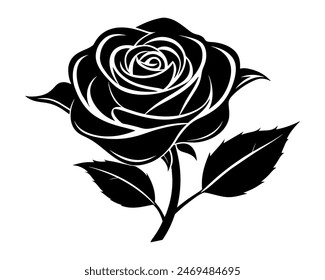  vector black silhouettes of rose flowers isolated on a white background.