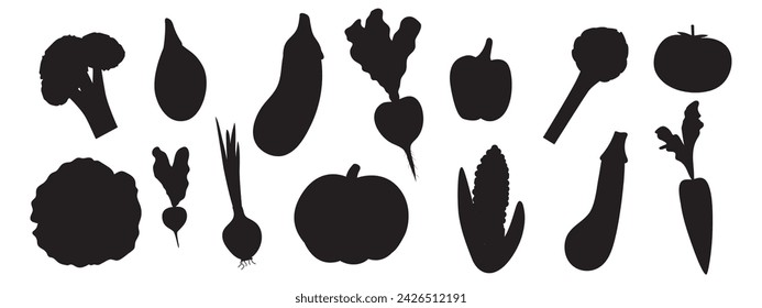 Vector negro siluetas conjunto de verduras aisladas sobre fondo blanco. Iconos de alimentos formas. Colección de diseño de logotipo.