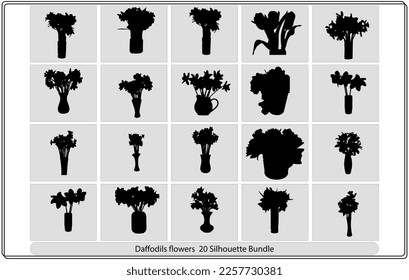 Vector black silhouettes of spring flowers (tulips, narcissus and iris) isolated on a white background.
