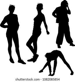 Vector black silhouettes standing in different positions of female figures of people on a white background isolated full-length, girl in shorts, girl in bloomers, young lady doing exercises in tilt