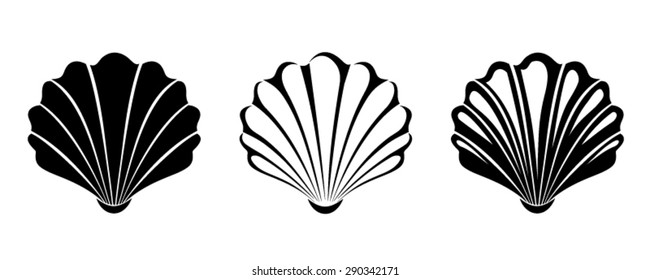 Vector black silhouettes of three sea shells isolated on a white background.