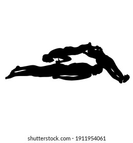 Vector black silhouettes of three sunbathers. two guys and a girl lie in a triangle top view isolated on a white background.