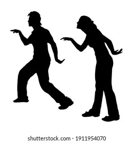 Vector black silhouettes of tourists guy and girl Egyptian humorous dance of the Pharaohs, side view, profile of people isolated on white background.