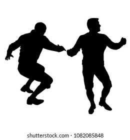 Vector black silhouettes of two dancing people, men, front view and side view full-length, dance routine, shadow figure
