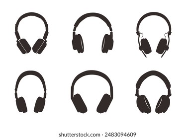 Siluetas de Vector negro de varios auriculares modernos sobre un fondo blanco. Conjunto de Clipart de Vector aislado del fondo. Estética técnica y diseño moderno para sus proyectos.