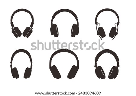 Vector black silhouettes of various modern headphones on a white background. Set of vector clipart isolated from background. Technical aesthetics and modern design for your projects.