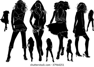A lot of vector black silhouettes of walking beautiful womans on white background