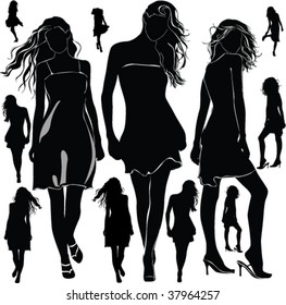 A lot of vector black silhouettes of walking beautiful womans on white background