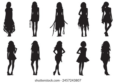 vector black silhouettes of women on white background, girls silhouette
