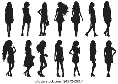 vector black silhouettes of women on white background, girls silhouette