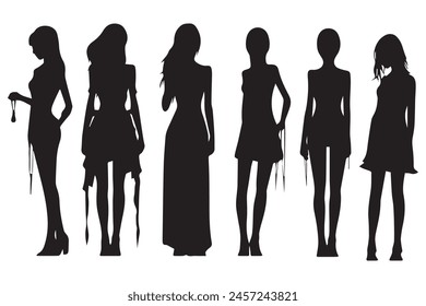 vector black silhouettes of women on white background, girls silhouette