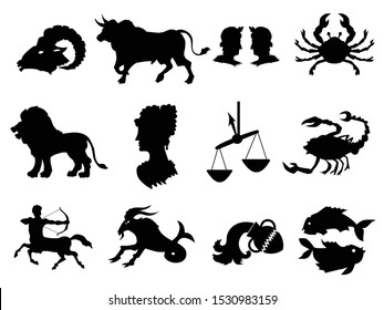 Vector black silhouettes of zodiac signs. All zodiac signs in: Aries, Taurus, Gemini, Cancer, Leo, Virgo, Libra, Scorpio, Sagittarius, Capricorn, Aquarius, Pisces