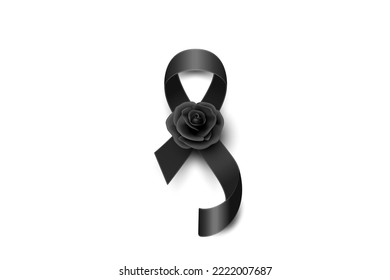 Vector Black Silk Ribbon with Black Rose. Design Template for Funeral Card, Banner, Invitation. Black Awareness Ribbon Isolated on White Background, Icon for Pray, Mourning Symbol