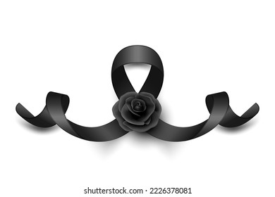 Cinta de seda negra vectorial con rosa negra. Plantilla de diseño para tarjeta funeraria, cartel, invitación. Cinta de conciencia negra aislada en fondo blanco, icono para rozar, símbolo de duelo