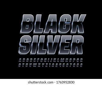 Letras y números de alfabeto de plata negra vectorial. Tipo de letra reflectante 3D