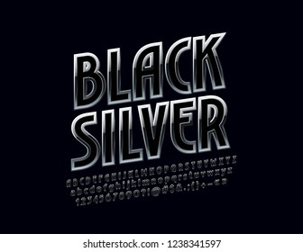 Vector Black Silver Font. Rotated exclusive Alphabet Letters, Numbers and Symbols.