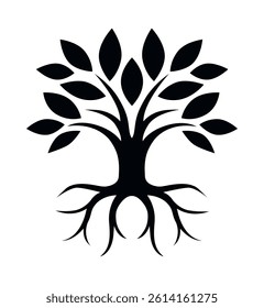 Vector black simple elegant tree with crown and roots symbol isolated on white background