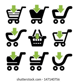 Vector black simple shopping cart, trolley with green arrow, item