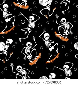 Vector black skateboarding, jumping skeletons Haloween repeat pattern background. Great for spooky fun party themed fabric, gifts, giftwrap.