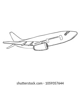 Vector Black Sketch Airplane. Hand Drawn Civil Plane. Side View.