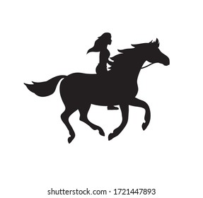 Vector black sketch doodle girl riding horse silhouette isolated on white background