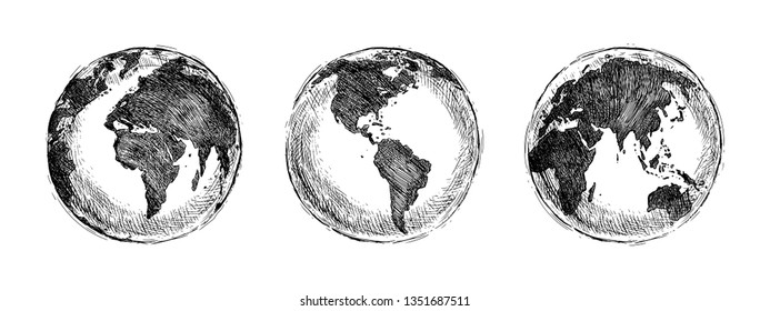 Vector Black Sketch Globe Illustration Isolation on White Background. Hand Drawn Sketch Planet Earth. Vector illustration.