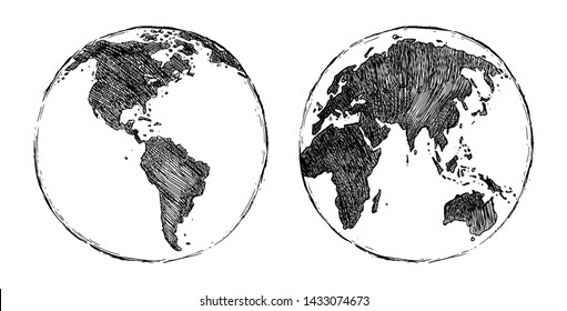 Vector Black Sketch Globe Illustration Isolation on White Background. Hand Drawn Planet Earth. 