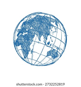 Vector Black Sketch Globe Illustration Isolation on White Background. Hand Drawn Sketch Planet Earth. Vector illustration.