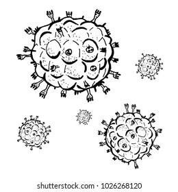 Vector black sketch HIV isolated on white backgtound. Microbe in medical therapy. Germ illness element. Hand painted bacterium for medicine concept