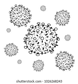 Vector black sketch HIV isolated on white backgtound. Microbe in medical therapy. Germ illness element. Hand painted bacterium for medicine concept