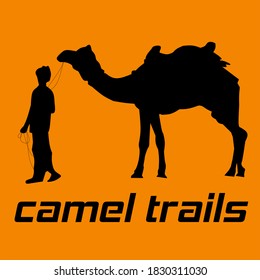 Vector black sketch illustration of a camel and a person, with the words "CAMEL TRAILS" written on it, can be used as a camel trail logo, icon and content design material.