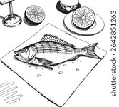 Vector Black sketch restaurant table with a fish dish on a plate, napkins, and lemon