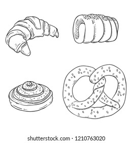 Vector Black Sketch Set of Fresh Baked Pastry Items. Desserts and Snacks.