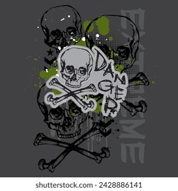 Vector black skull and crossbones print. Artwork features layered skulls with green splatters, dots, and danger text on a dark gray background. Apparel graphic artwork. Punk rock graffiti style.