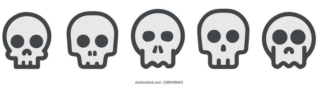 Vector Black Skull Icon Set Isolated. Skulls Collection with Outline in Front View. Hand Drawn Skull Head Design Template