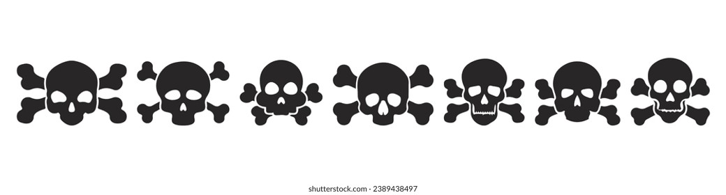 Vector Black Skull Icon Set Isolated. Skulls Collection with Outline in Front View. Hand Drawn Skull Head Design Template