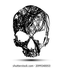 Vector black skull with messy lines isolated on white background.