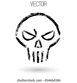 Vector black skull painted by dry brush. Hand drawn symbol isolated on white background. Soft shadow, Textured element, Ink.