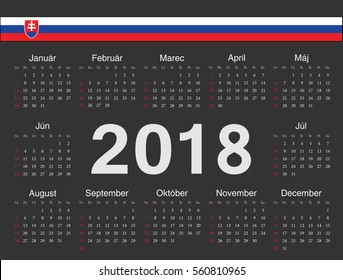 Vector black Slovak circle calendar 2018. Week starts from Sunday.