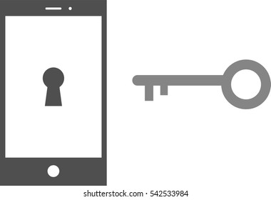 Vector black smartphone with keyhole and grey key.