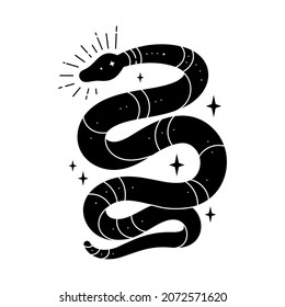 Vector black snake with mystical magic objects: moon and stars. Spiritual occultism symbols, tarot cards, esoteric objects.